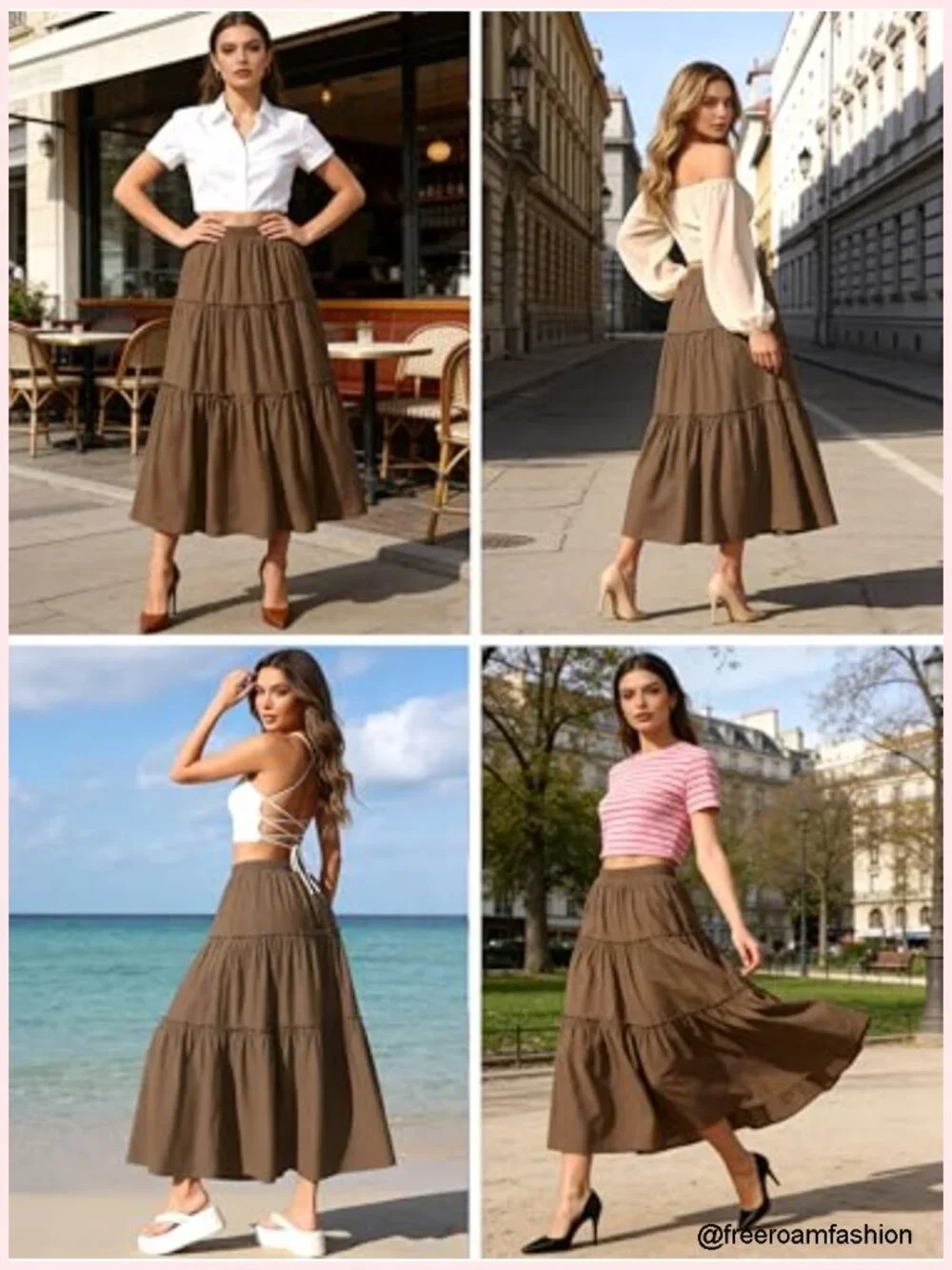 Bohe Midi Skirt Elastic High Waist A-Line Flowy Ruffle Casual